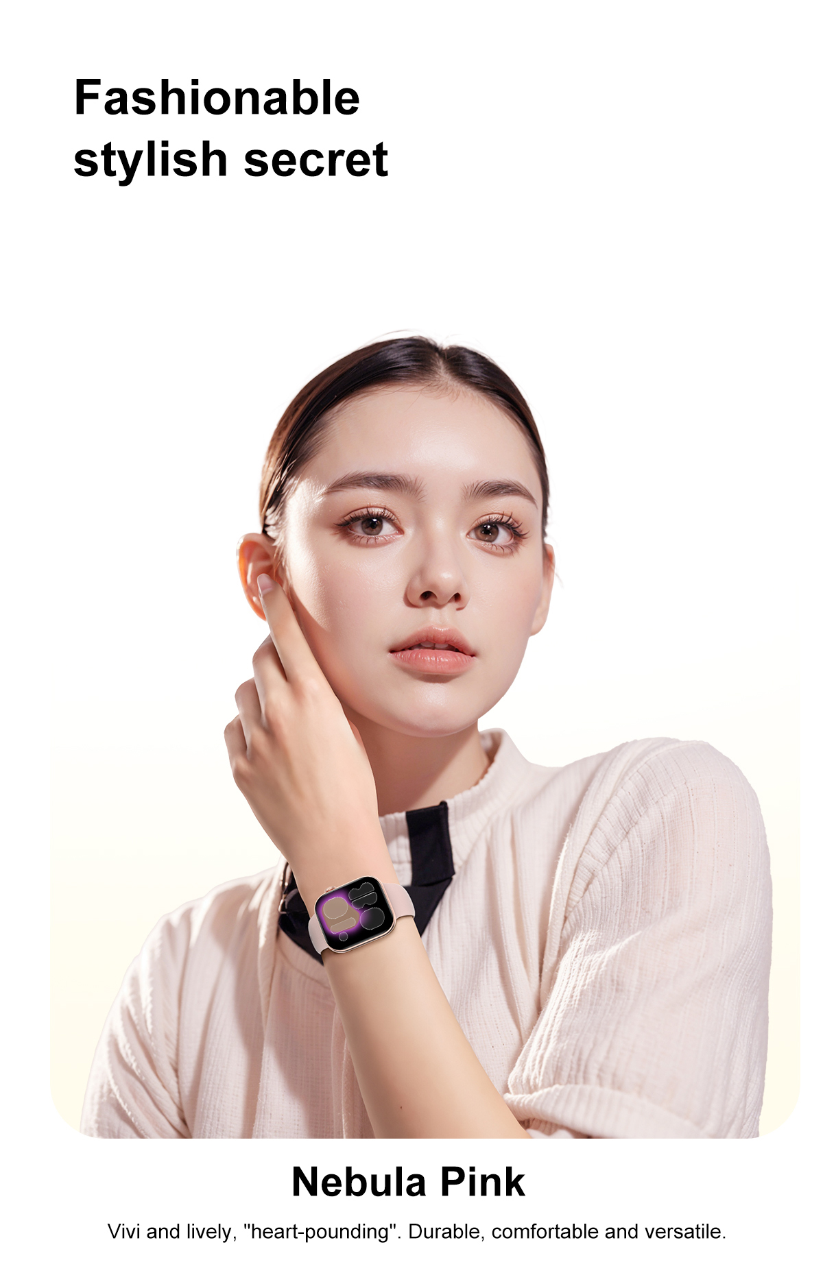 woman wearing Elite 3 smartwatch with pink strap